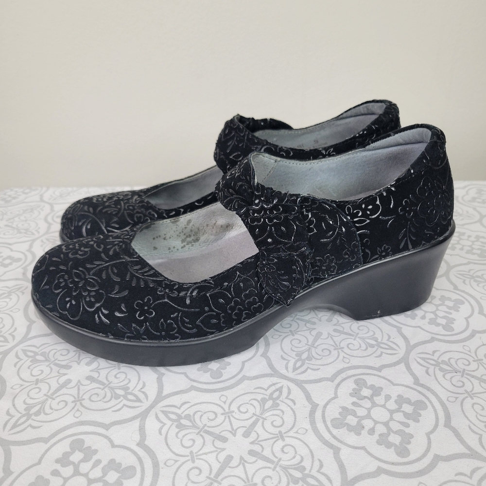 ALEGRIA Ella Sprigs Mary Jane Block Heel Floral Suede Leather Black Clogs 39